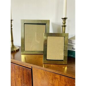 Set of 2 - Art Deco Vintage Brass Etched Ribbed Picture Frames - Photo Frames